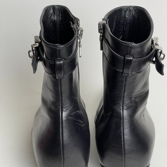 Prada | Black Leather Buckle Kitten Heel Boots - Picture 5 of 10
